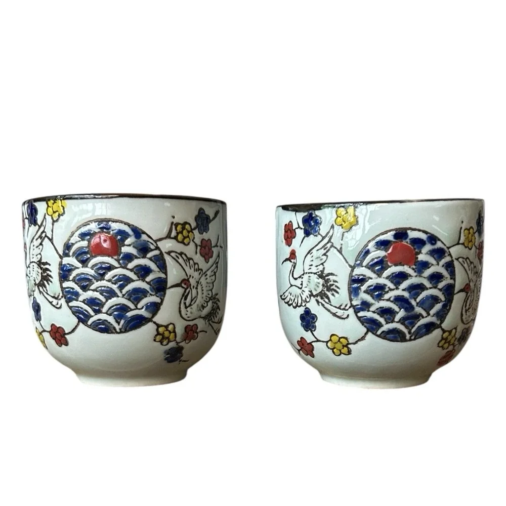 2 EBROS GIFT Sake/Tea Cups Flying White Cranes Red Moon Night Sky Asian Ceramic